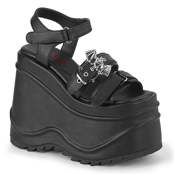 Demonia Women's Wave-13 Platform Sandals - Black Vegan Leather D6074-82US Clearance